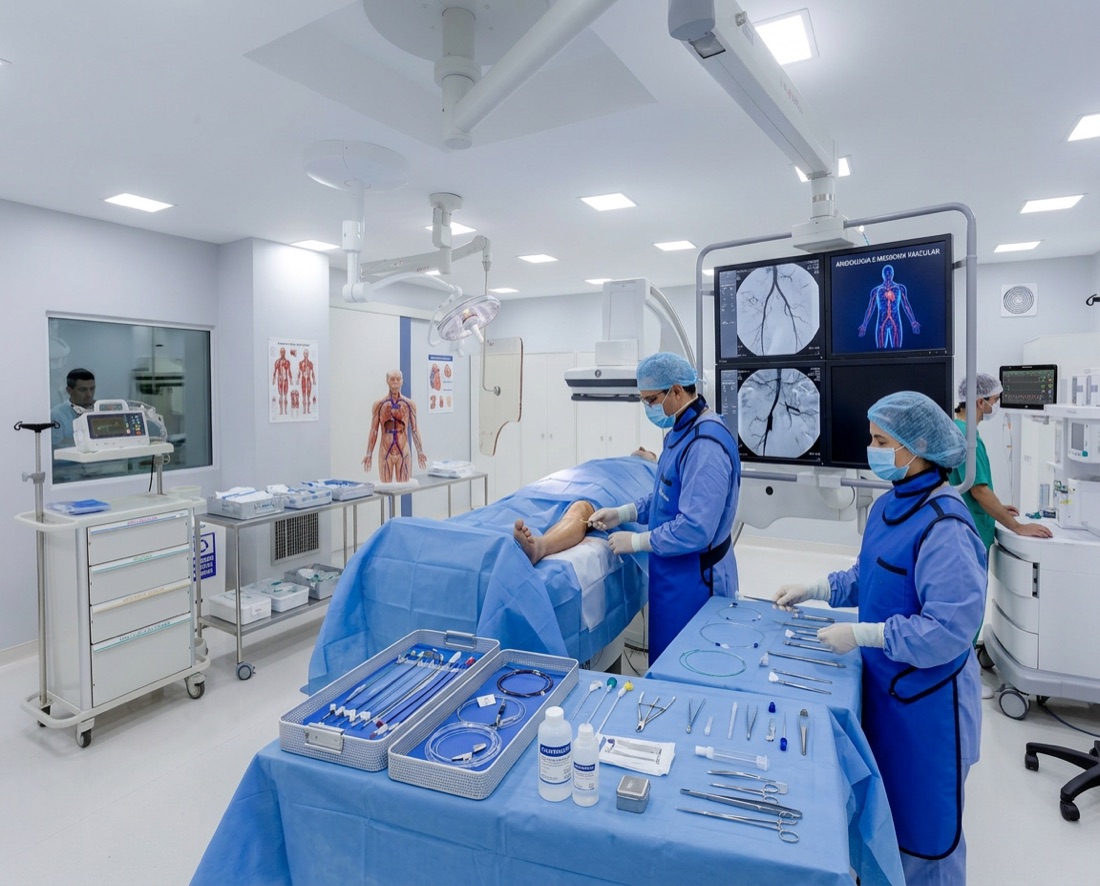 Equipe realizando procedimento vascular guiado por imagem no Angiofisio Cardiocenter
