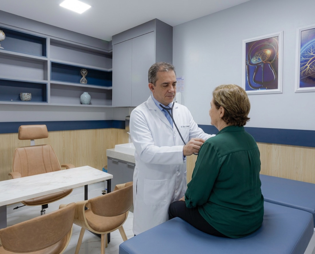 Cardiologista do Angiofisio Cardiocenter auscultando o coração de uma paciente