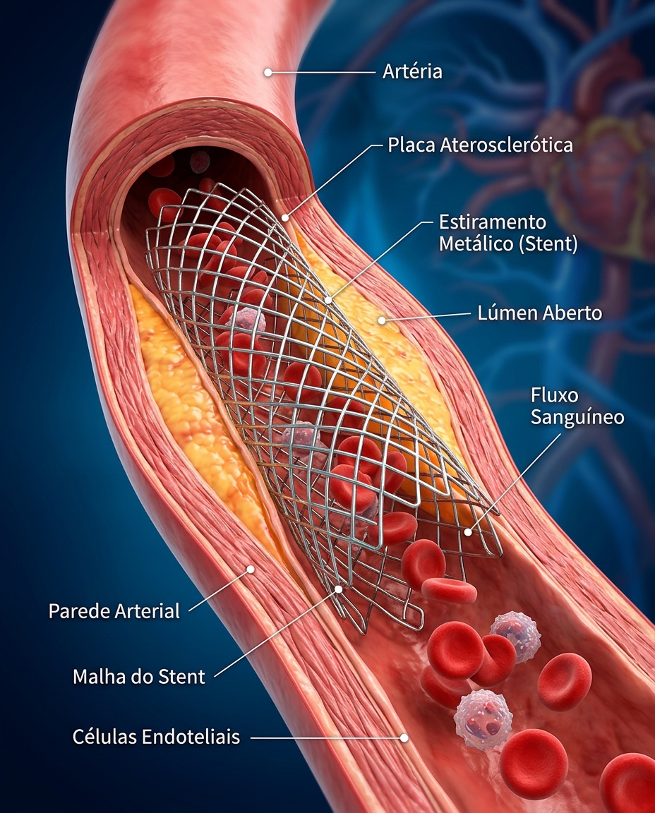 Ilustração de stent implantado dentro da artéria, mantendo o lúmen aberto sobre a placa aterosclerótica